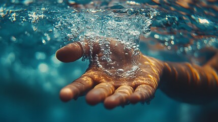 Close-up of a hand underwater, surrounded by bubbles. Evokes calmness and serenity. Swimmers hand entering the water. A Moment of Serenity