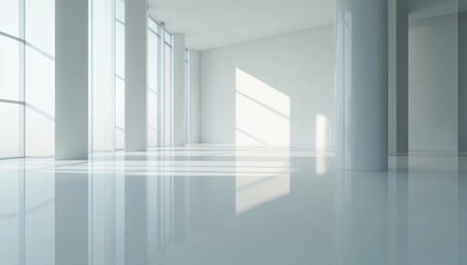 Empty modern office space with large windows. Sunlight streams in