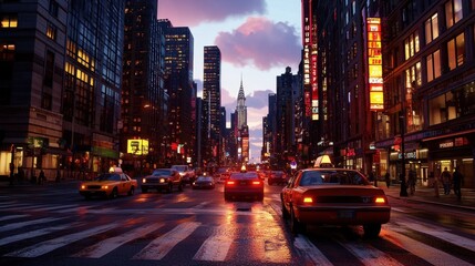 Fototapeta premium Vibrant Cityscape at Dusk with Yellow Taxis and Skyscrapers