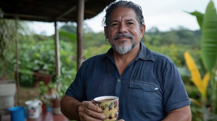 An elderly farmer contentedly savors a cup amidst a lush coffee farm, celebrating hard work and a bountiful harvest.