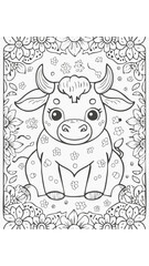 Fototapeta premium Cute Bull Buffalo Mammal Coloring Kid Book Page in Black and White. Monochrome and Colored Samples 