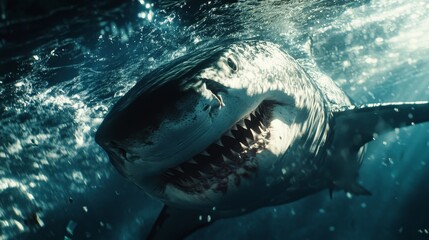 Fototapeta premium A close-up photo of a great white shark. ID_f5f95ce9-7c60-406b-bd79-ee5bbd90791d --ar 16:9 --v 6.1 Job ID: 8cca921f-360e-472a-91a7-05f68746664b