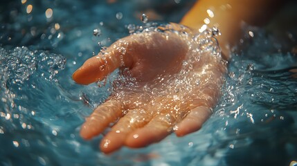 Fototapeta premium Close-up of a hand submerged in water, creating a refreshing splash. The image captures the beauty and simplicity of nature. Swimmers hand entering the water. A Splash of Serenity
