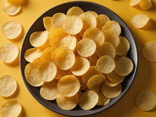 Crispy Potato Chips on Round Plate – Tasty Snack on Vibrant Yellow Background