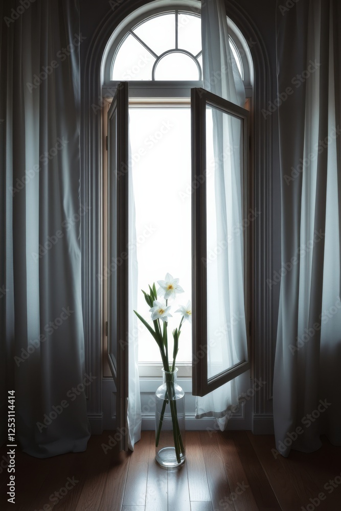 Aufkleber daffodils in a vase by an arched window with open shutters and flowing curtains, light and airy.