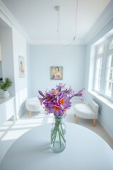 Floral centerpiece in a bright, minimalistic room with soft hues and natural light. Simple elegance.