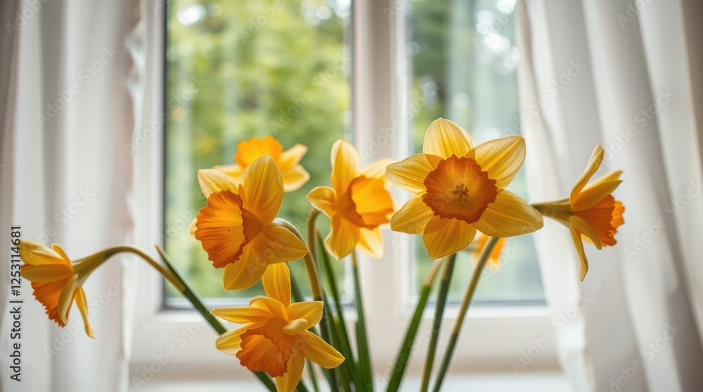 Poster bright yellow and orange daffodils in a vase in front of a window provide a spring aesthetic.