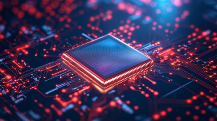 Processor Power: A close-up shot reveals the intricate detail of a central processing unit (CPU) chip, glowing with vibrant red and blue hues, mounted on a complex circuit board.