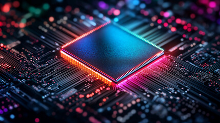 Fototapeta premium Cybernetic Glow: A close-up shot of a powerful CPU, glows with vibrant, neon colors, symbolizing the heart of modern technology and the intricate circuitry that powers our digital world. 