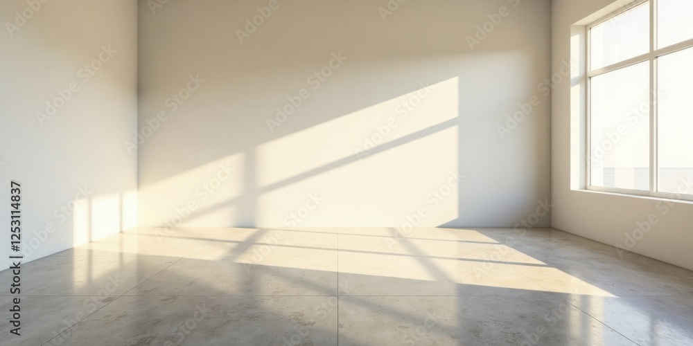 Aufkleber Empty Room with Sunlight Streaming Through a Large Window, Creating Warm Shadows on the Polished Concrete Floor
