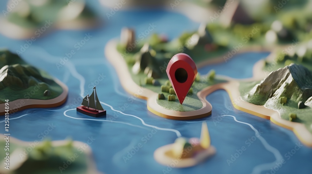 Poster 3D Aerial Map View of Scenic Coastal Landscape with Transportation Routes and Navigational Pointers  Concept of strategic planning for business research and education