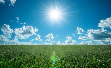 Obraz premium Beautiful Green Field Under a Bright Blue Sky with Clouds – Nature Landscape Photography