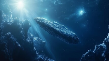 Naklejka premium Cometa en el cielo, estrella en el firmamento, fondo azul marino foto realista