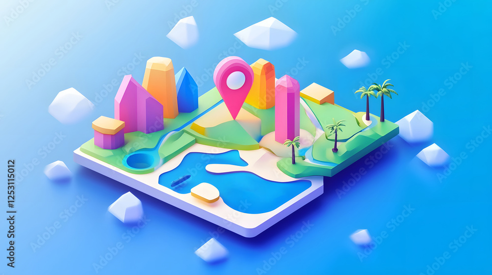 Leinwandbilder 3D digital map interface displaying navigation pins landmarks and location indicators on a tablet device  Concept for travel planning navigation and location based services and applications