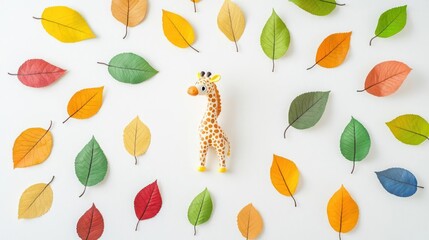 Giraffe Toy Centered With Colorful Autumn Leaves