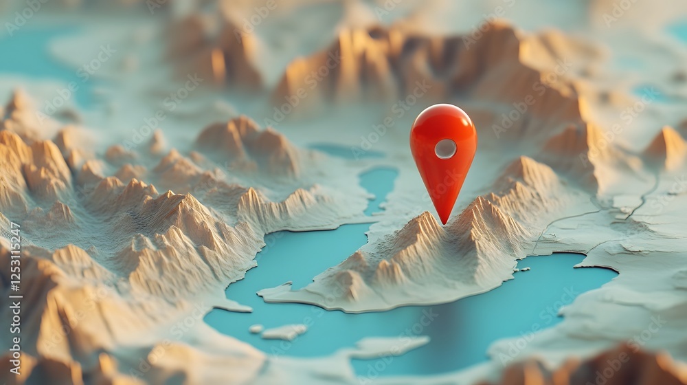 Aufkleber 3D digital rendering of a mountainous landscape map with a red GPS location marker pin  The abstract cartographic backdrop features a modern futuristic design with terrain textures and shapes