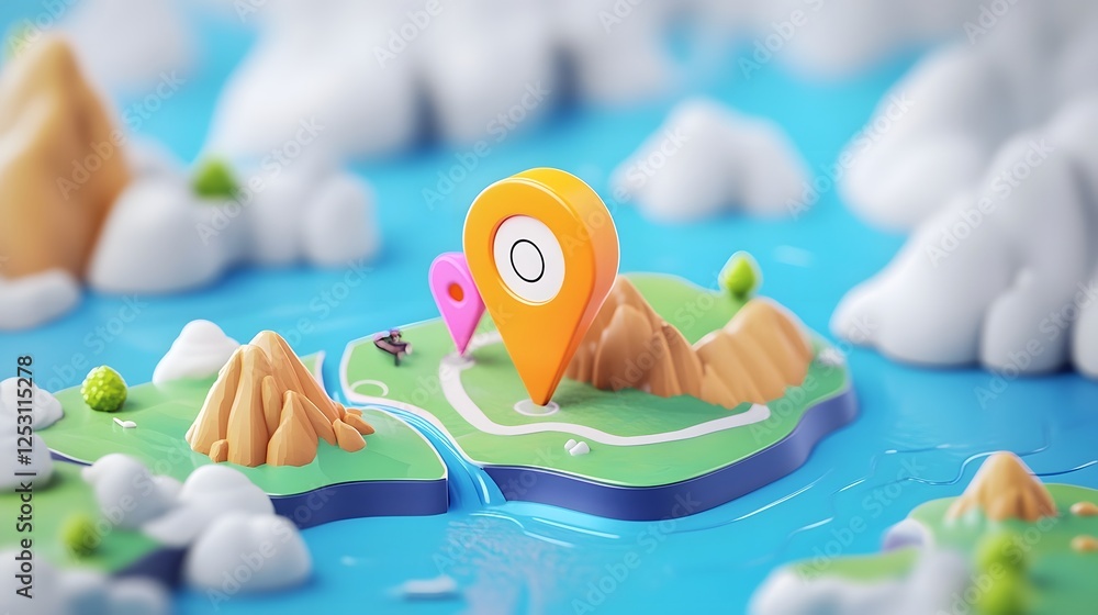 Poster 3D digital rendering of a captivating mountainous landscape with a colorful map pin marker indicating a specific location or point of interest  The scenic vista features towering peaks rolling hills