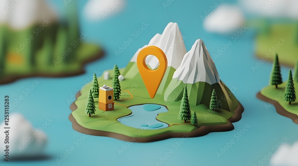 Poster 3d geometric abstract landscape with mountain peaks lake and navigation pin pointer for travel adven