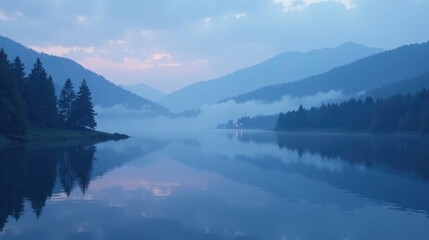 Fototapeta premium Serene Twilight Landscape Misty Mountains Mirrored in a Calm Lake at Dusk