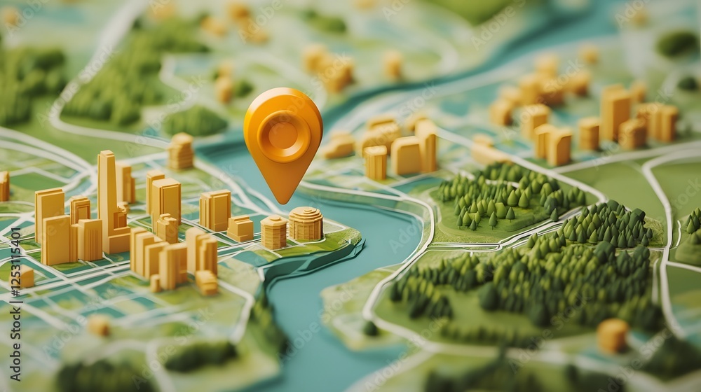 Poster 3D illustrated city map with GPS navigation markers and landmarks showcasing the urban environment transportation routes and development planning