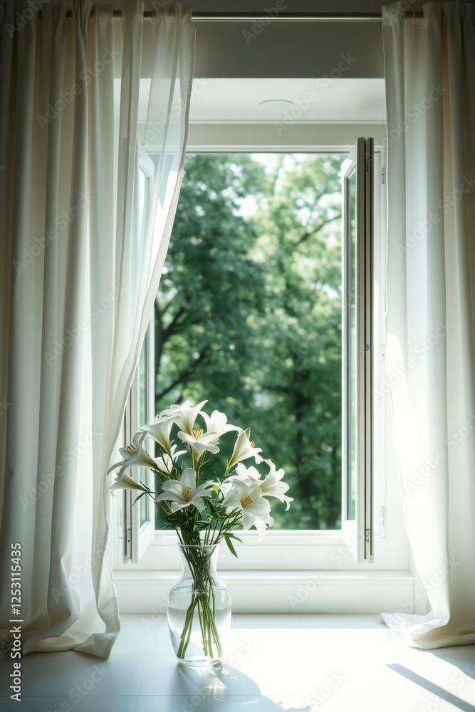Aufkleber still life: vase of lilies on a windowsill with a glimpse of greenery through an open window.