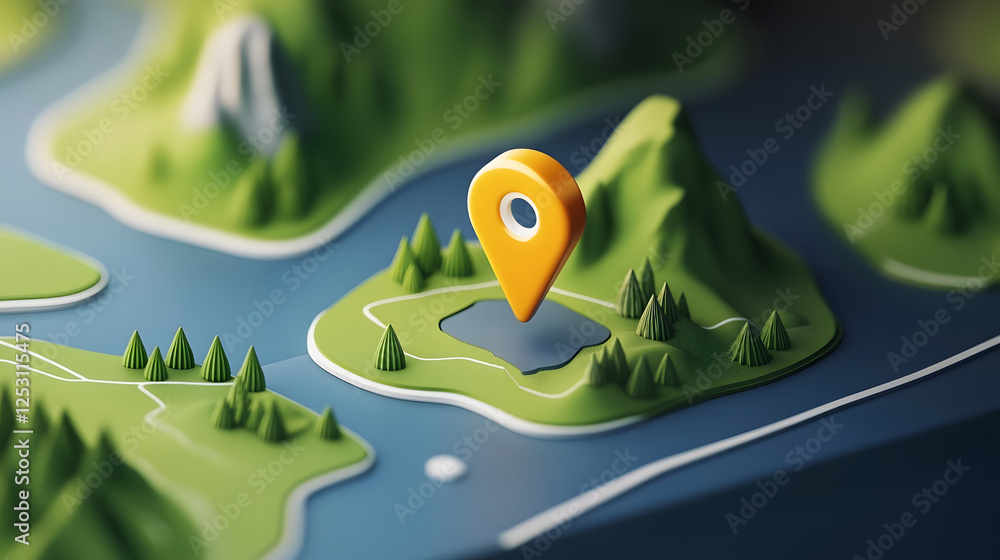 Poster 3d illustrated digital map with navigation pointer icon on a lush scenic green forest and mountain l