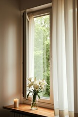 White lilies and a candle sit near a bright window with a green trees view, evoking peace and calm.