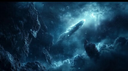 Obraz premium Cometa en el cielo, estrella en el firmamento, fondo azul marino foto realista