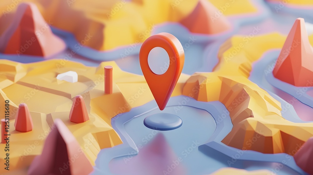 Aufkleber 3D Map Navigation Concept with Location Pin Marker on Colorful Landscape Background  Digital Wayfinding and Positioning Technology for Travel Tourism and Business Planning