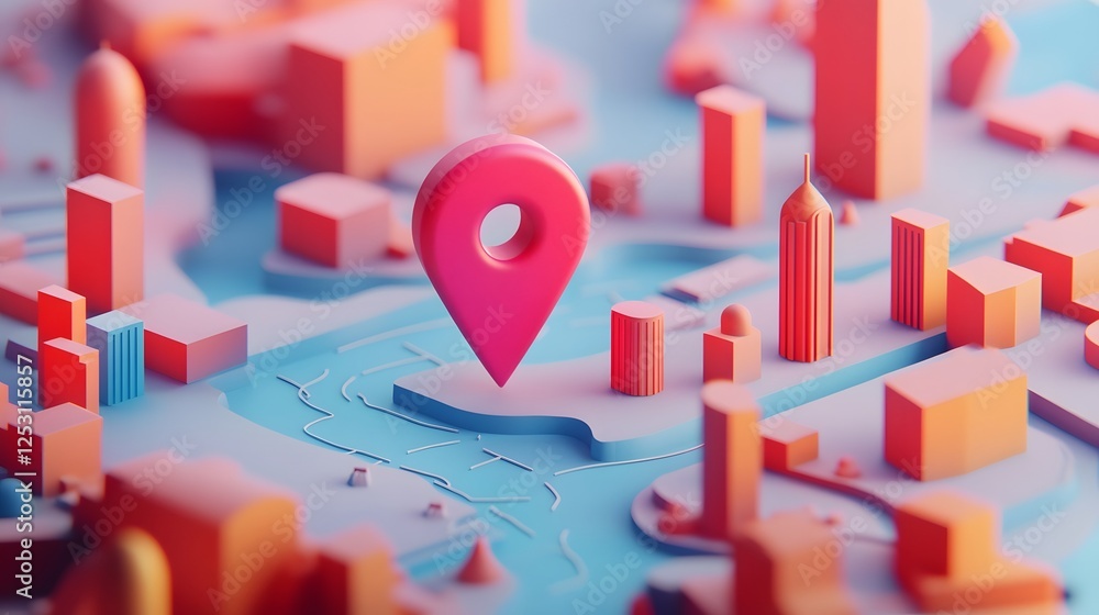 Poster 3d of a modern city map with skyscrapers and a prominent gps location marker pinpointing a specific 