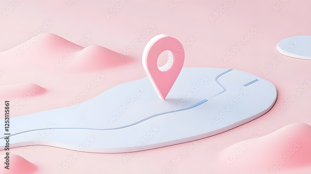 Poster 3d of a pastel colored mountain landscape with a map pin marker highlighting a destination or route 