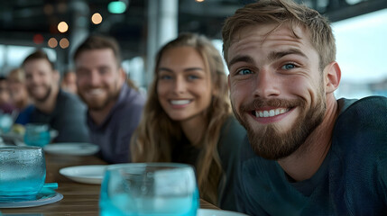 Obraz premium Happy young friends smiling while sitting at a restaurant table during a social gathering.