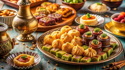 Pastel Arabic Calligraphy Dessert Platter: Elegant Ramadan Feast Food Photography