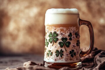 Mug of ale with shamrocks on the side, perfect for celebrating St. Patrick's Day or enjoying an Irish beverage.