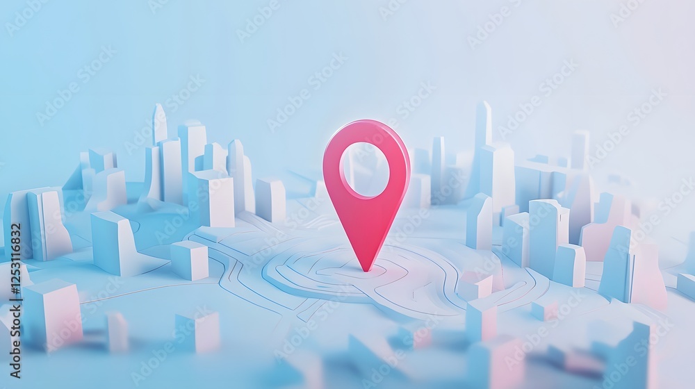 Poster 3D Rendered Cityscape with Colorful Pinpoint Marker Representing Digital Location Mapping or Navigation for Travel Transportation and Urban Infrastructure Design