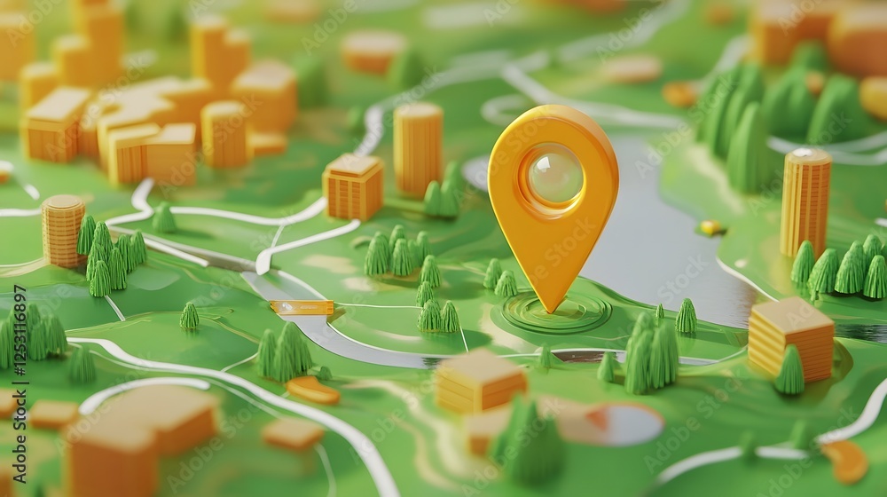 Poster 3d rendered aerial view of a detailed landscape map with gps location pins navigation icons and topo