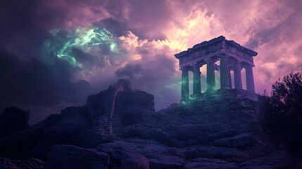 Ancient temple on a hillside, wrapped in supernatural green and violet flames, illuminating the surroundings with an otherworldly glow.