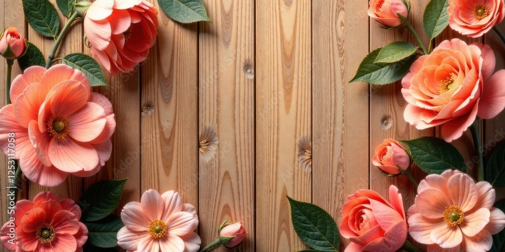 Poster delicate peach blossoms arranged on rustic wooden background, creating a charming and elegant floral