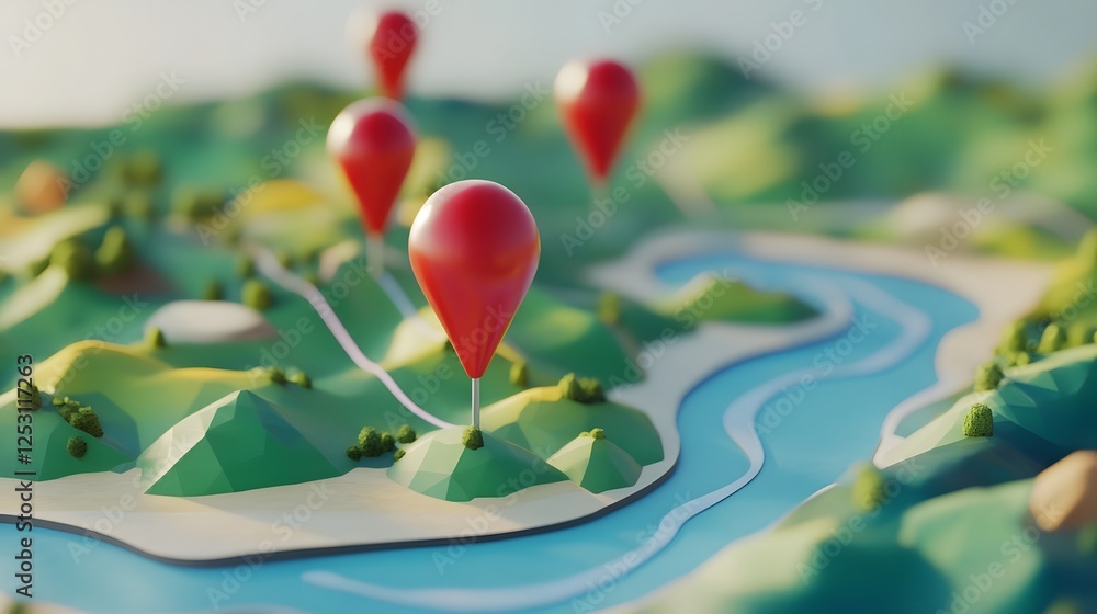 Aufkleber 3D rendered digital map with landscape navigation pointers and markers indicating scenic countryside mountainous terrain and river routes for travel adventure and planning