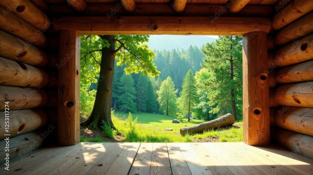 Poster serene view from a rustic log cabin window, offering a breathtaking panorama of lush green forest an