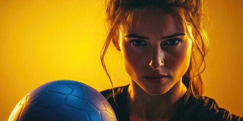 Woman holding soccer ball with serious expression, looking into the distance. Indoor studio setting with dramatic lighting.