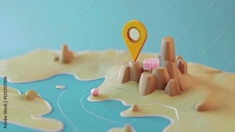 Poster 3D rendered minimalist map pointer symbol on scenic mountainous landscape background with abstract blue yellow and brown geometric shapes  Concept for travel adventure tourism and