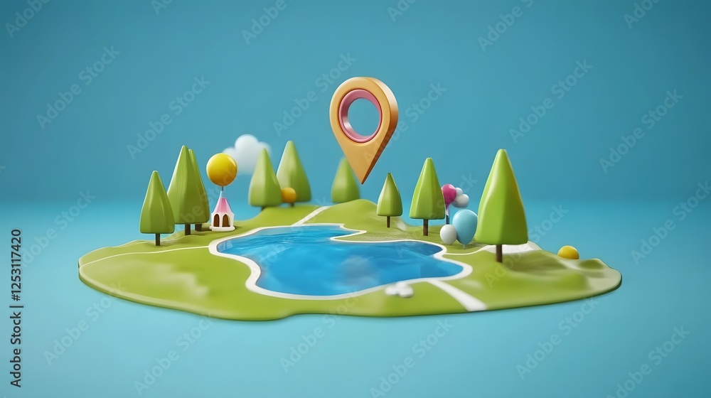 Aufkleber 3D rendered map pointer icon hovering over a vibrant minimalist landscape scene with trees lake and other natural elements  Concept of digital cartography