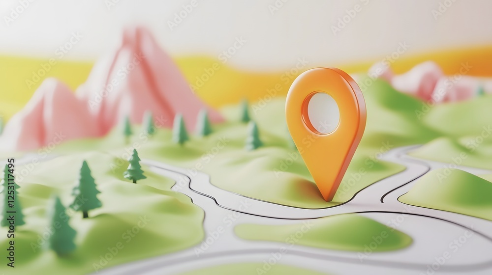 Aufkleber 3D rendered of a mountainous landscape with a vibrant orange GPS navigation pin or pointer icon representing the concept of digital travel outdoor wayfinding technology