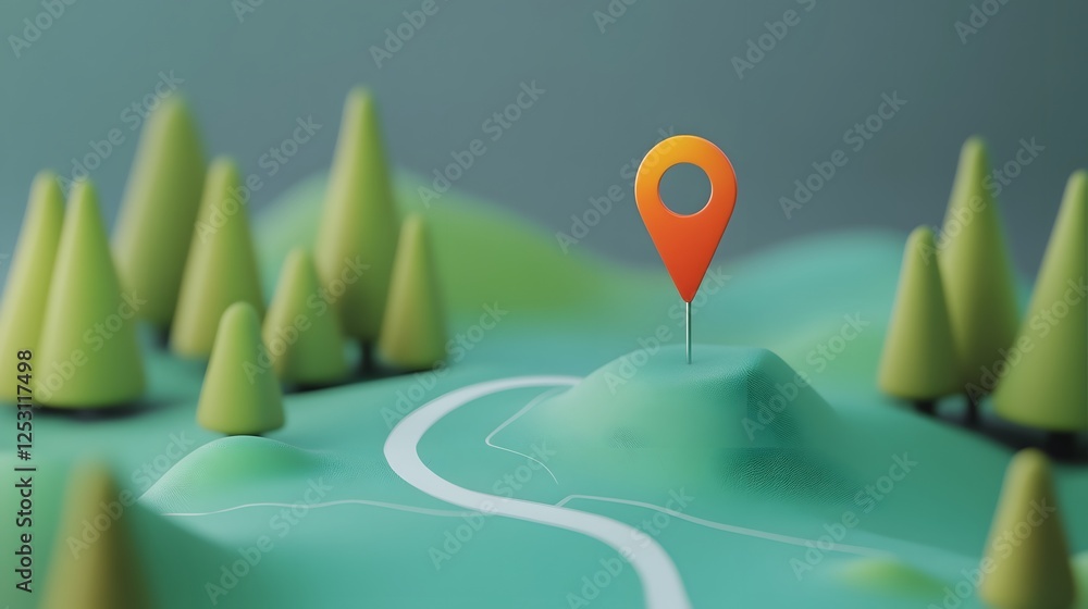 Poster 3d rendered mapping landscape with navigation pin marker on green hills and trees digital visualizat