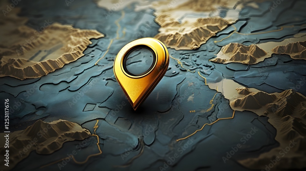 Aufkleber 3D rendering of a golden GPS navigation marker or pointer icon placed on an abstract digital world map background with textured continents and geographic regions