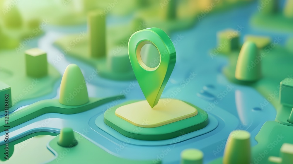Fototapete A 3D rendered green map marker pin icon on an abstract minimalist landscape background with geometric shapes and patterns  The image represents and digital mapping concepts