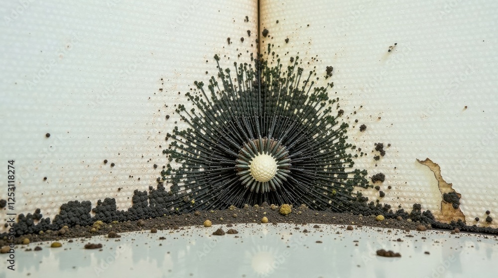 Poster close-up view of organic growth emanating from a central point on a textured surface, exhibiting a r