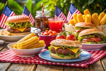 Patriotic American 4th of July BBQ Feast: Grilled Food & Festive Decorations