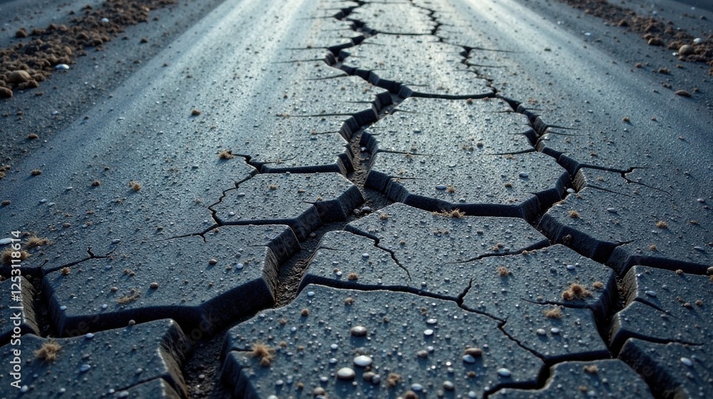 Poster Arid Landscape Deep Cracks in Dark Earth Surface Showing Textured Pattern and Small Pebbles